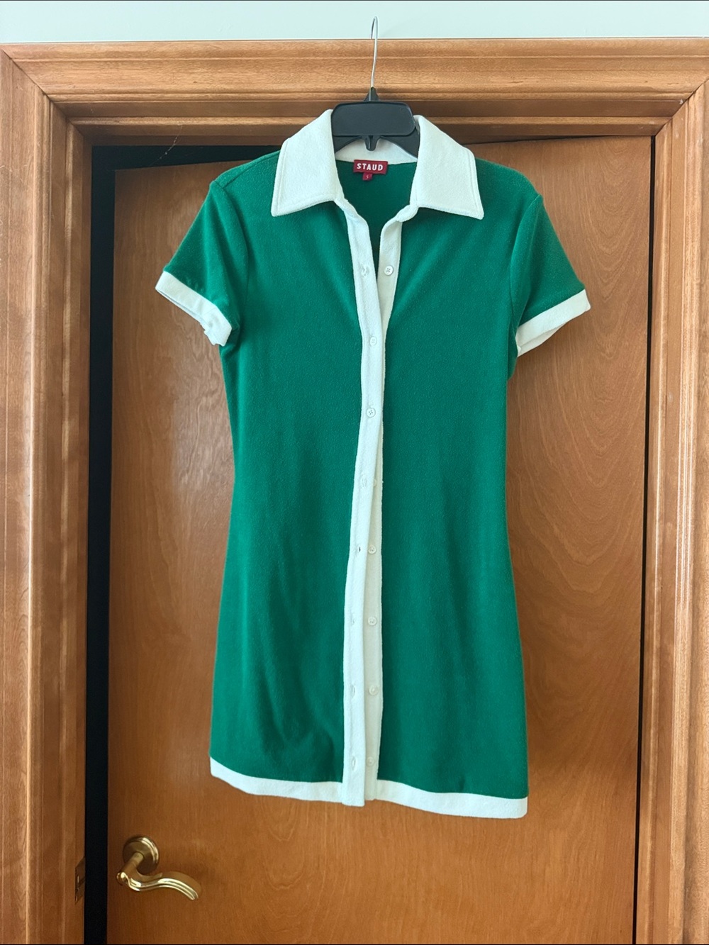 STAUD Emerald Green Short-Sleeve Button-Front Knit Top with White Trim